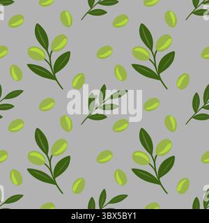 Seamless vector pattern of stylized olive branches and olives on a grey background, perfect for textile design or wrapping paper. Stock Vector