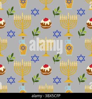 Seamless vector pattern featuring menorah, olive branches, sufganiyot, and Star of David, illustrating the festive symbols of Hanukkah. Stock Vector