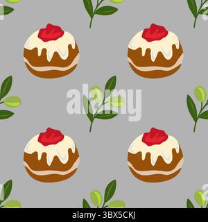 Seamless vector pattern of Sufganiyot, traditional Hanukkah doughnuts, with olive branches, perfect for festive backgrounds and holiday designs. Stock Vector