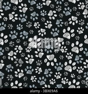 Grey colored doodle paw prints black background. Seamless fabric design pattern Stock Vector