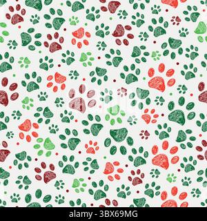 Green, red colored Christmas design doodle paw prints Stock Vector