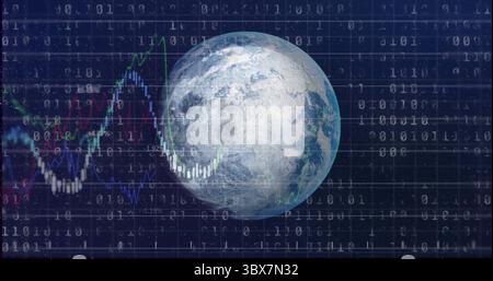 Displaying transparent Earth globe over dark grid background, with binary digits, financial charts Stock Photo