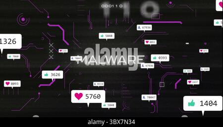 Displaying MALWARE text on digital interface, purple circuit patterns and social-media icon bubbles Stock Photo