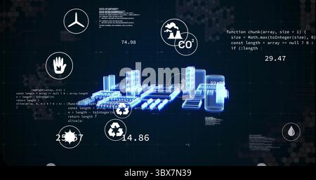 Showing industrial hologram glowing in virtual interface, with numeric overlays and code snippets Stock Photo