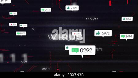 Displaying glitchy VIRUS text pulsing on security screen, with chat bubbles and red circuit lines Stock Photo