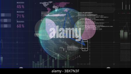 Displaying 3D digital globe rotating on virtual dashboard, with smartphone icon and code blocks Stock Photo