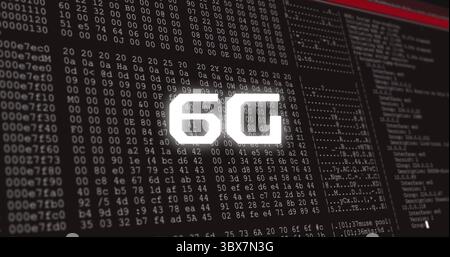 Displaying glowing 6G characters overlaying hex code and ASCII lines on computer screen, 6G network Stock Photo