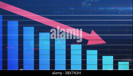 Displaying vertical blue bars featuring thick pink downward arrow on dashboard, with grid lines Stock Photo
