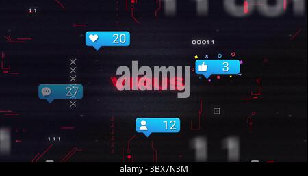 Displaying glitching interface showing red VIRUS text on screen, with blue alerts and binary digits Stock Photo
