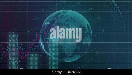 Spinning 3D globe in financial dashboard, grid lines, bar columns, pink and blue lines, percentages Stock Photo