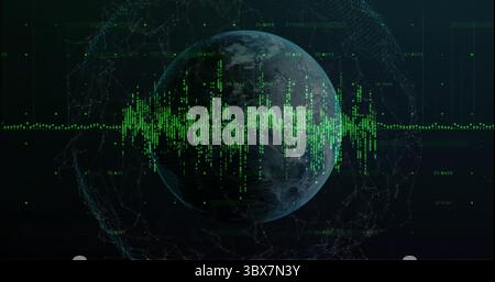 Floating 3D Earth globe in virtual space, with neon green waveform, wireframe sphere with markers Stock Photo