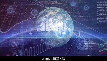 Rotating 3D Earth globe displaying stock charts in virtual high-tech interface, with binary streams Stock Photo