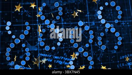 Floating blue nodes and golden stars over dark blue grid, showing code text and network lines Stock Photo