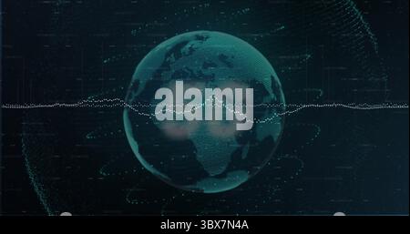 Spinning teal wireframe globe showing continents in data interface, with data waveform, grid lines Stock Photo