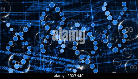 Floating blue rings and circles forming network nodes over digital grid backdrop, with 6G bubbles Stock Photo