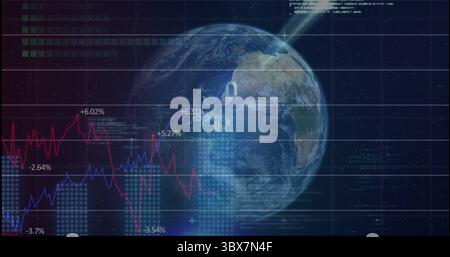 Digital 3D Earth globe shining in data interface, with gridlines, line graphs and percentage labels Stock Photo