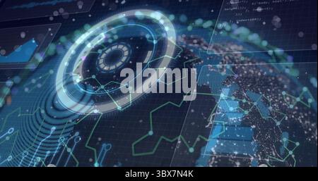 holographic ring spinning in control center, with network data nodes, UI code panels, 3D Earth mesh Stock Photo