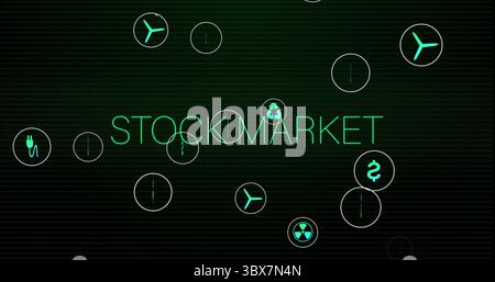 Displaying neon green STOCKMARKET text glowing on dark grid interface, featuring sector icons Stock Photo