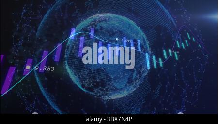 Floating 3D globe displaying neon bar and line graphs in data interface, with numerical labels Stock Photo