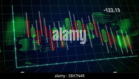 Displaying candlestick chart shifting on 3D grid, with red and green bars, numeric label -122 Stock Photo