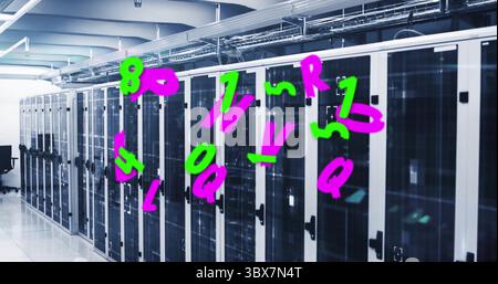 Displaying servers behind glass doors humming in data center, with cable trays, black swivel chair Stock Photo
