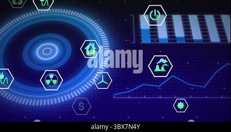 Displaying blue circular HUD element projecting data on digital dashboard, with hexagonal icons Stock Photo