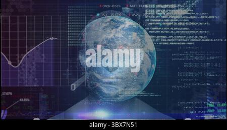 Displaying bust silhouette topped by rotating Earth globe over data interface, with code streams Stock Photo