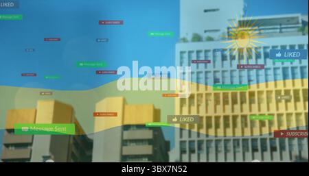 Displaying multi-story buildings on city street with blue-yellow wave overlay  and  social-media lab Stock Photo