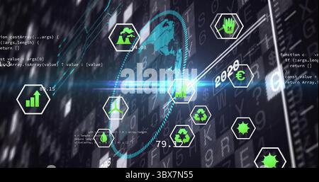 Displaying holographic globe showing hex icons inside virtual interface, with data and eco icons Stock Photo