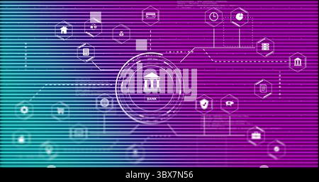 Displaying central bank icon linking to credit card, padlock and server nodes on gradient interface Stock Photo
