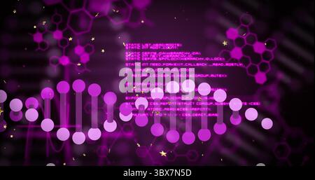 Displaying stylized DNA helix of circles in data field with hexagonal pattern, stars, code snippets Stock Photo
