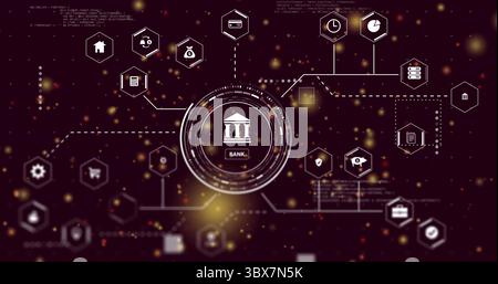 Displaying central bank icon linking finance icons on purple digital canvas, with glowing particles Stock Photo