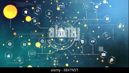 Displaying circular banking interface linking hexagonal icons on teal network, with building icon Stock Photo