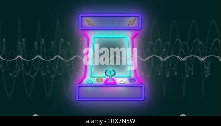 Glowing neon-lit arcade cabinet with joystick controls pulsating on teal backdrop, with waveforms Stock Photo