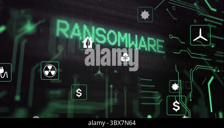 Displaying ransomware text hovering over circuit board, with nuclear hazard and dollar sign icons Stock Photo