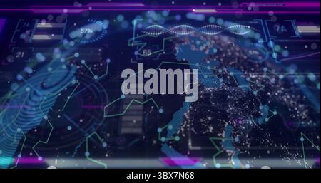 Projecting data overlays on central holographic globe in dashboard, with fingerprint and helix Stock Photo