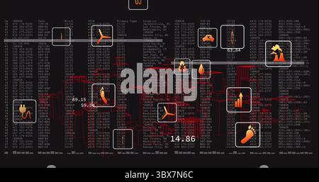Displaying interface running data flows on dashboard, with orange icons, red lines, numeric labels Stock Photo