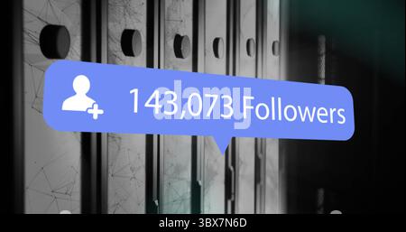 Displaying blue bubble showing 143,073 followers in server rack aisle, with overlay lines Stock Photo