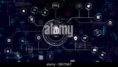 Showing circular HUD highlighting bank icon on dark tech interface, with finance and tech icons Stock Photo