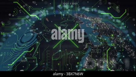 Presenting 3D globe glowing with neon circuitry, binary code and X symbol over virtual interface Stock Photo