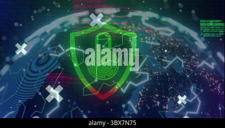 Displaying green shield icon featuring padlock and fingerprint over globe mesh in data network Stock Photo