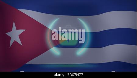 Displaying translucent green padlock icon representing encryption over Cuban flag, with cyan arcs Stock Photo