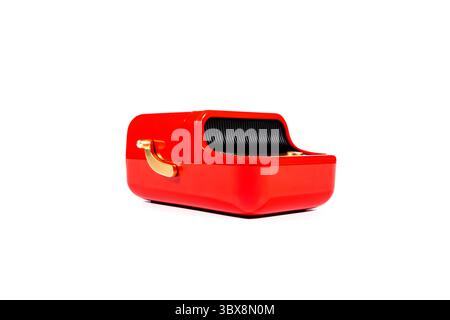 Small red printer for printing labels isolated on white background. Stock Photo