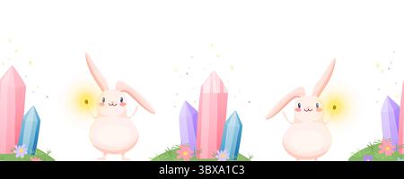 Seamless border with pink hares, glowing elements and crystals Stock Vector