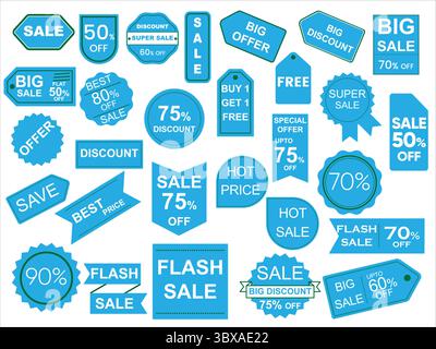Set of different sale tags and labels in blue color on white background. Editable vector design for social media, marketing, and eCommerce promotions. Stock Vector