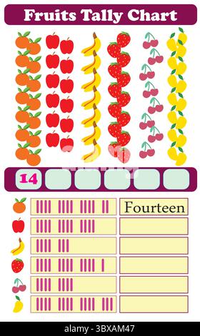 Fruits Tally Chart with 2 Activity Sheets Stock Vector