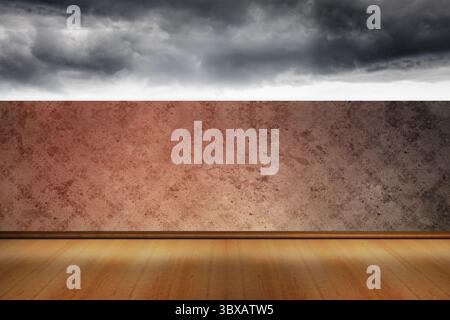 Storm clouds hovering above textured plaster wall over polished hardwood floor in flat design Stock Photo