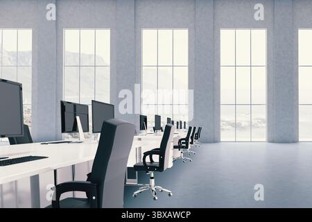 Empty open-plan office flat design illustration showing white desks, black chairs and screens Stock Photo