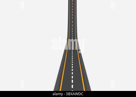 Perspective graphic is featuring 2-lane road, dashed white center, yellow edges on grey backdrop Stock Photo