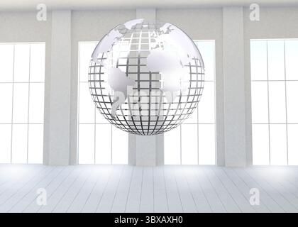 Silver globe floating in room Stock Photo
